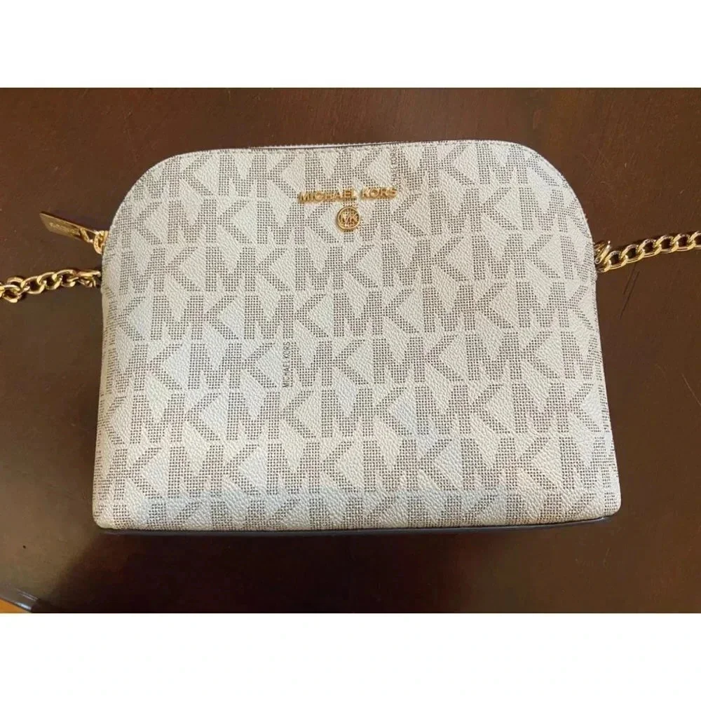 Michael Kors Dome Crossbody Bag Signature Logo Brown Leather Strap Gold Details